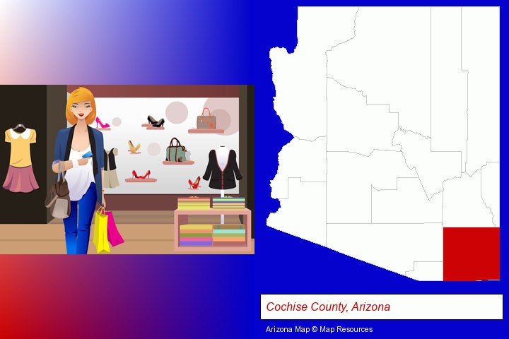 a woman shopping in a clothing store; Cochise County, Arizona highlighted in red on a map