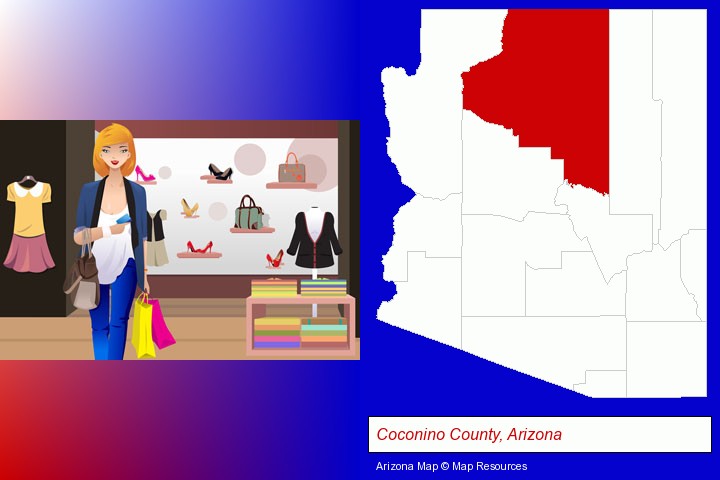 a woman shopping in a clothing store; Coconino County, Arizona highlighted in red on a map