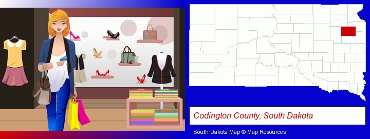 a woman shopping in a clothing store; Codington County, South Dakota highlighted in red on a map