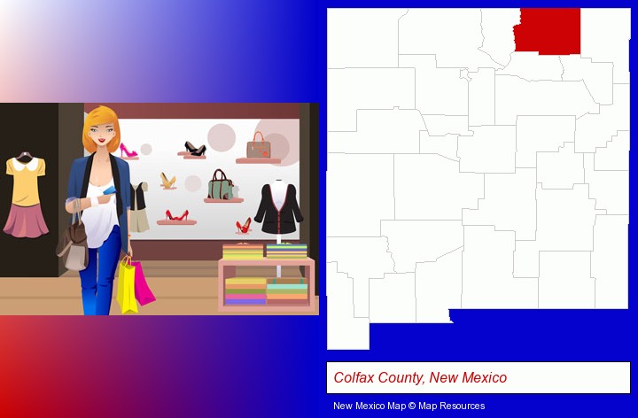 a woman shopping in a clothing store; Colfax County, New Mexico highlighted in red on a map
