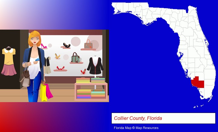 a woman shopping in a clothing store; Collier County, Florida highlighted in red on a map