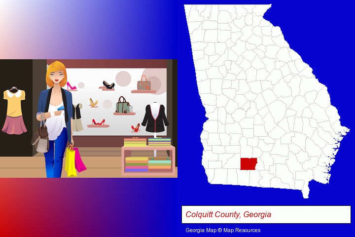 a woman shopping in a clothing store; Colquitt County, Georgia highlighted in red on a map