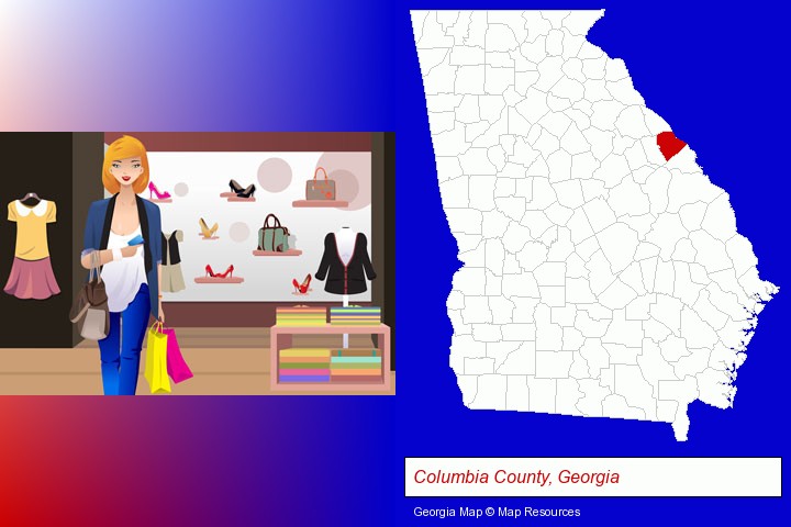 a woman shopping in a clothing store; Columbia County, Georgia highlighted in red on a map
