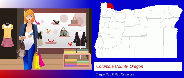a woman shopping in a clothing store; Columbia County, Oregon highlighted in red on a map