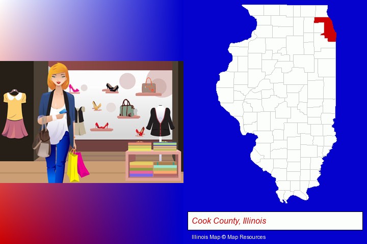 a woman shopping in a clothing store; Cook County, Illinois highlighted in red on a map