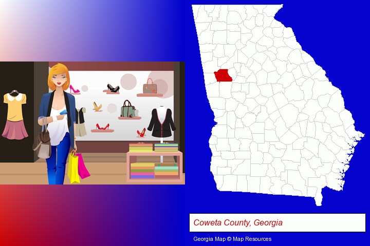a woman shopping in a clothing store; Coweta County, Georgia highlighted in red on a map