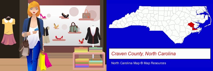 a woman shopping in a clothing store; Craven County, North Carolina highlighted in red on a map