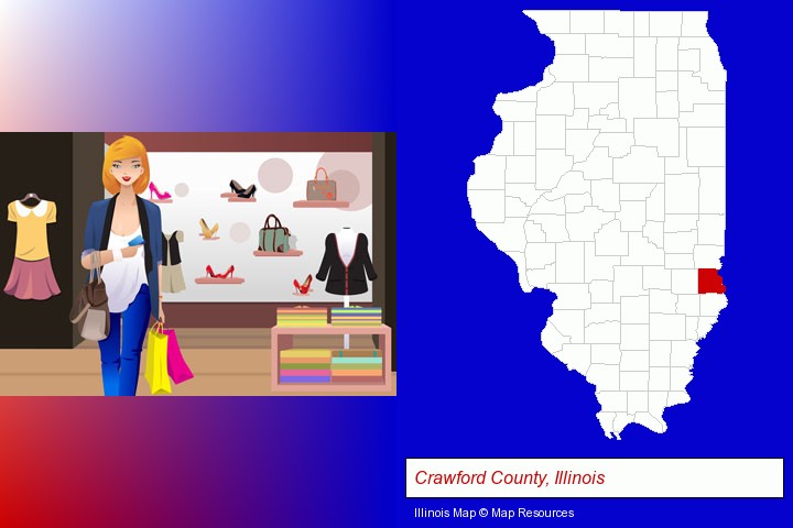 a woman shopping in a clothing store; Crawford County, Illinois highlighted in red on a map