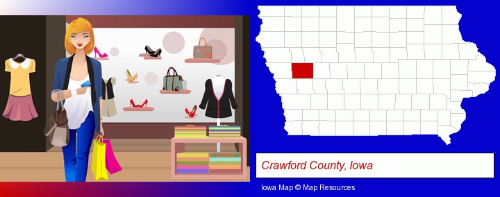 a woman shopping in a clothing store; Crawford County, Iowa highlighted in red on a map