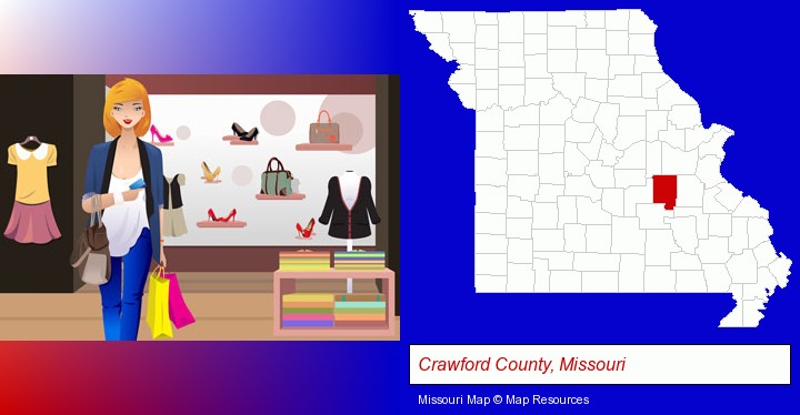 a woman shopping in a clothing store; Crawford County, Missouri highlighted in red on a map