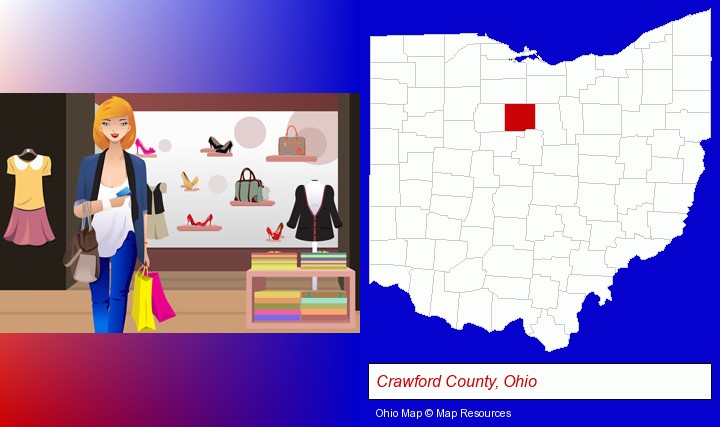 a woman shopping in a clothing store; Crawford County, Ohio highlighted in red on a map