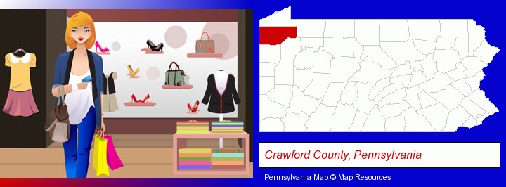 a woman shopping in a clothing store; Crawford County, Pennsylvania highlighted in red on a map