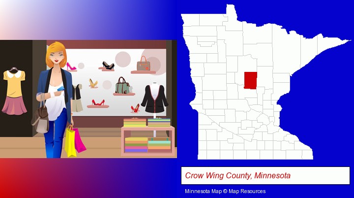 a woman shopping in a clothing store; Crow Wing County, Minnesota highlighted in red on a map