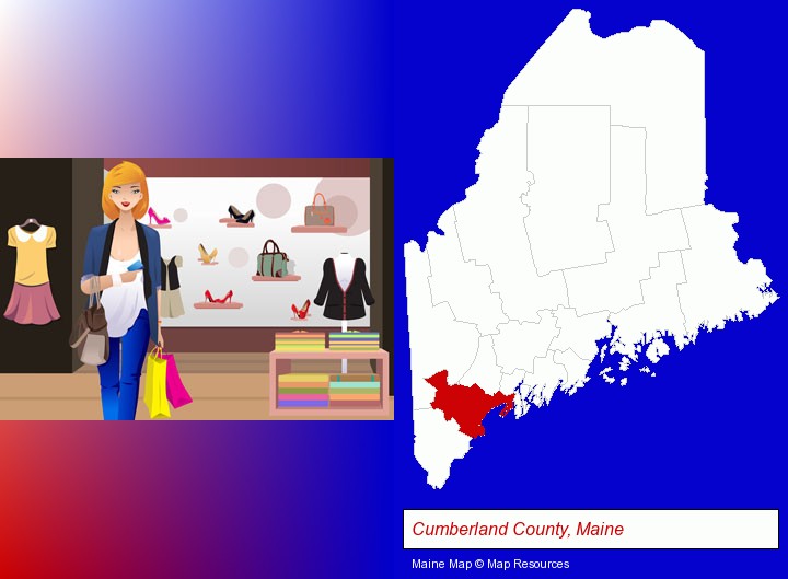 a woman shopping in a clothing store; Cumberland County, Maine highlighted in red on a map