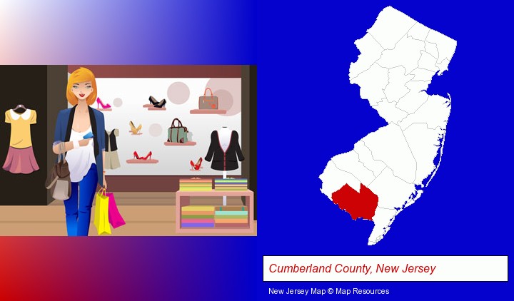 a woman shopping in a clothing store; Cumberland County, New Jersey highlighted in red on a map