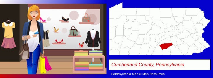 a woman shopping in a clothing store; Cumberland County, Pennsylvania highlighted in red on a map