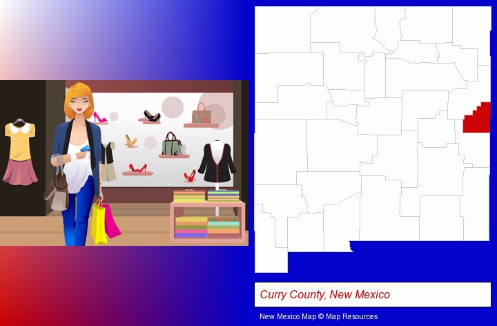 a woman shopping in a clothing store; Curry County, New Mexico highlighted in red on a map