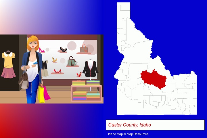 a woman shopping in a clothing store; Custer County, Idaho highlighted in red on a map
