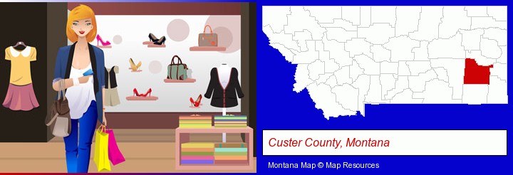 a woman shopping in a clothing store; Custer County, Montana highlighted in red on a map