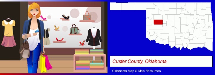 a woman shopping in a clothing store; Custer County, Oklahoma highlighted in red on a map