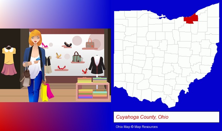a woman shopping in a clothing store; Cuyahoga County, Ohio highlighted in red on a map