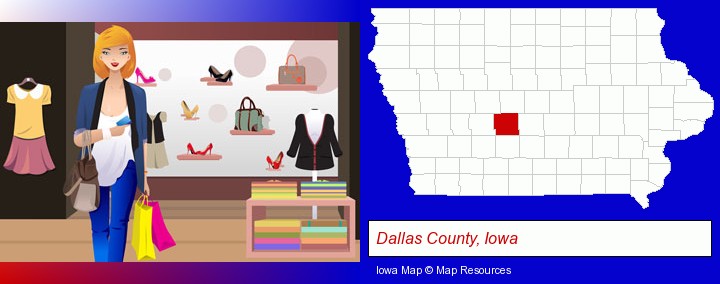 a woman shopping in a clothing store; Dallas County, Iowa highlighted in red on a map