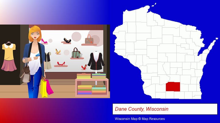 a woman shopping in a clothing store; Dane County, Wisconsin highlighted in red on a map