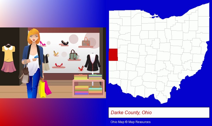 a woman shopping in a clothing store; Darke County, Ohio highlighted in red on a map