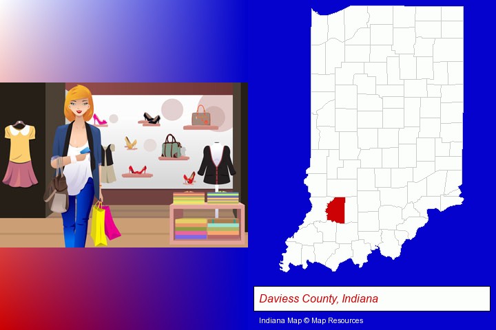 a woman shopping in a clothing store; Daviess County, Indiana highlighted in red on a map