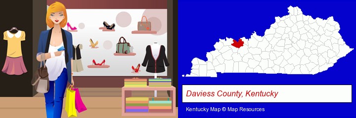 a woman shopping in a clothing store; Daviess County, Kentucky highlighted in red on a map