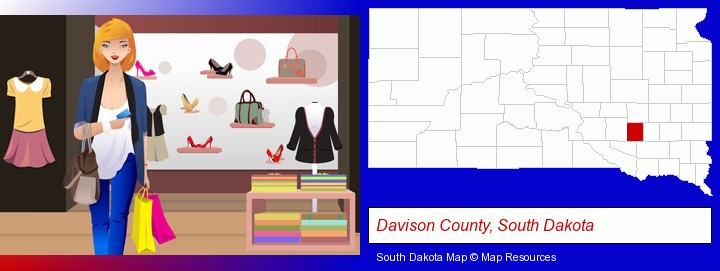 a woman shopping in a clothing store; Davison County, South Dakota highlighted in red on a map