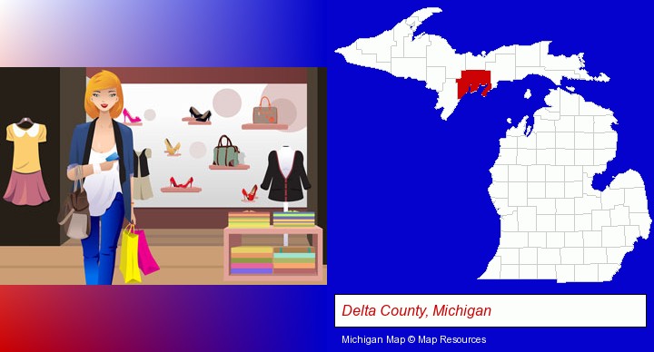 a woman shopping in a clothing store; Delta County, Michigan highlighted in red on a map