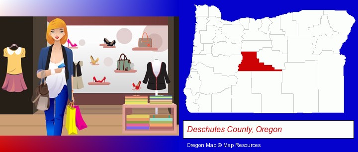 a woman shopping in a clothing store; Deschutes County, Oregon highlighted in red on a map