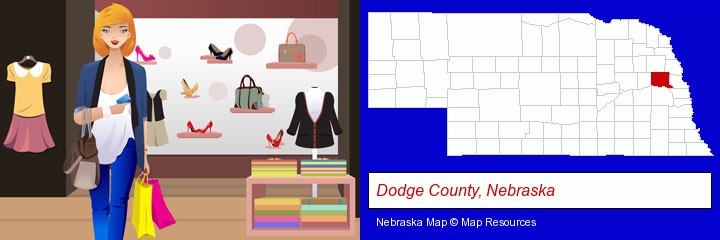 a woman shopping in a clothing store; Dodge County, Nebraska highlighted in red on a map