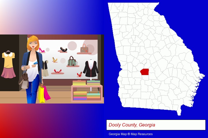 a woman shopping in a clothing store; Dooly County, Georgia highlighted in red on a map