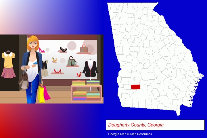 a woman shopping in a clothing store; Dougherty County, Georgia highlighted in red on a map