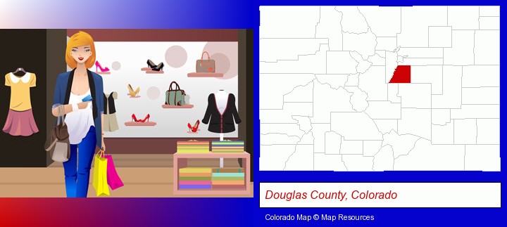 a woman shopping in a clothing store; Douglas County, Colorado highlighted in red on a map