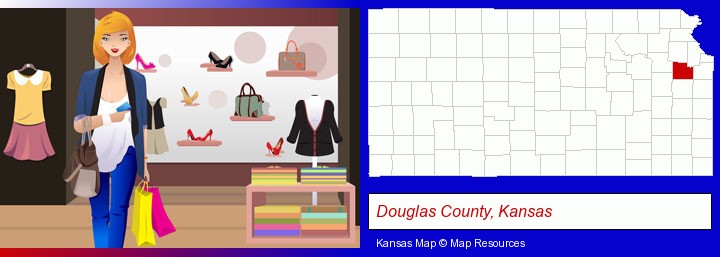 a woman shopping in a clothing store; Douglas County, Kansas highlighted in red on a map