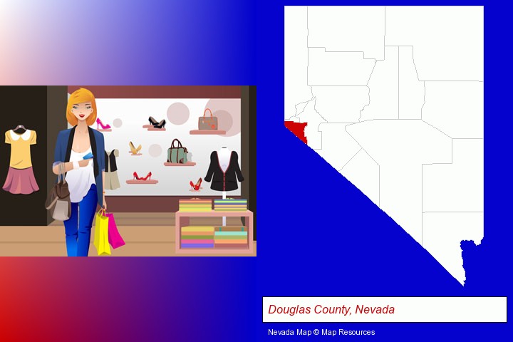 a woman shopping in a clothing store; Douglas County, Nevada highlighted in red on a map