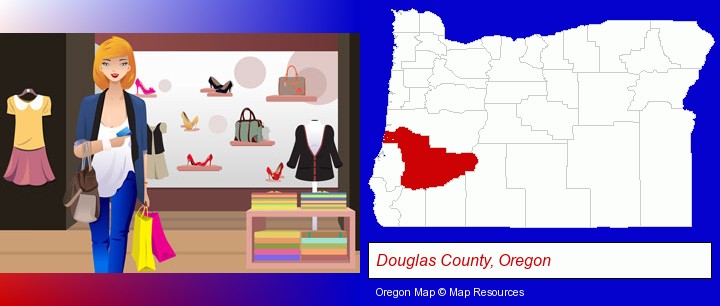 a woman shopping in a clothing store; Douglas County, Oregon highlighted in red on a map
