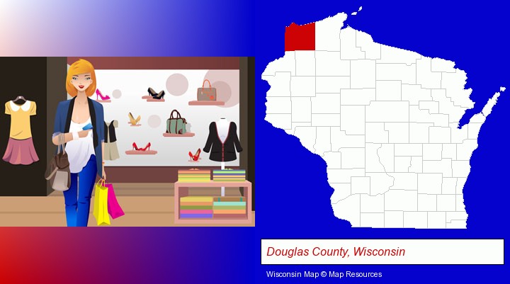 a woman shopping in a clothing store; Douglas County, Wisconsin highlighted in red on a map