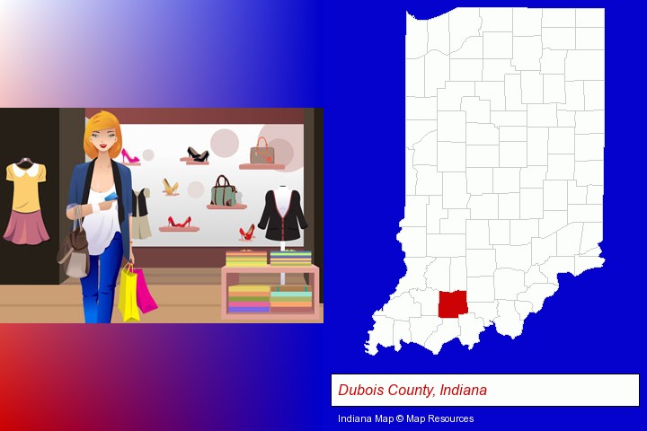 a woman shopping in a clothing store; Dubois County, Indiana highlighted in red on a map
