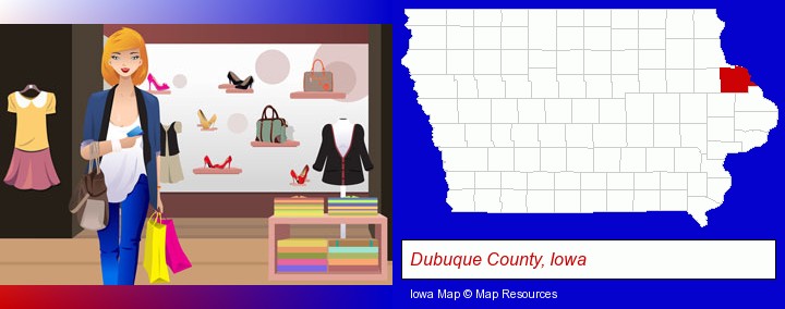 a woman shopping in a clothing store; Dubuque County, Iowa highlighted in red on a map