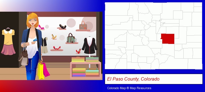 a woman shopping in a clothing store; El Paso County, Colorado highlighted in red on a map