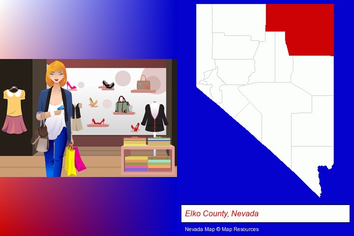 a woman shopping in a clothing store; Elko County, Nevada highlighted in red on a map