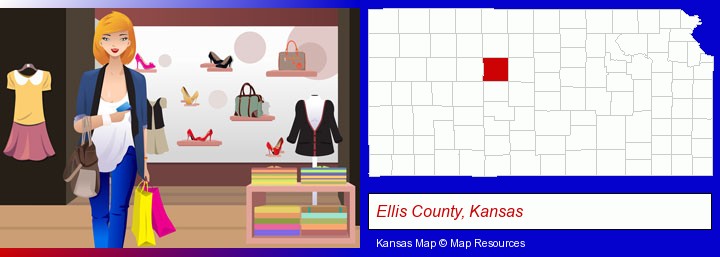 a woman shopping in a clothing store; Ellis County, Kansas highlighted in red on a map