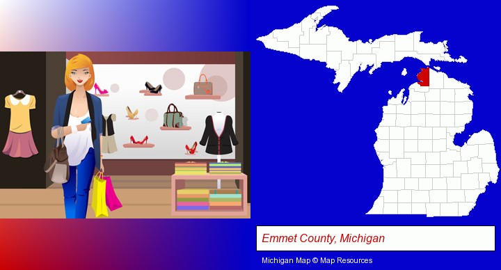 a woman shopping in a clothing store; Emmet County, Michigan highlighted in red on a map