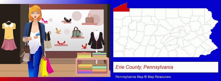 a woman shopping in a clothing store; Erie County, Pennsylvania highlighted in red on a map