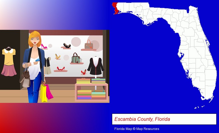 a woman shopping in a clothing store; Escambia County, Florida highlighted in red on a map