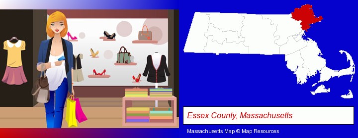 a woman shopping in a clothing store; Essex County, Massachusetts highlighted in red on a map